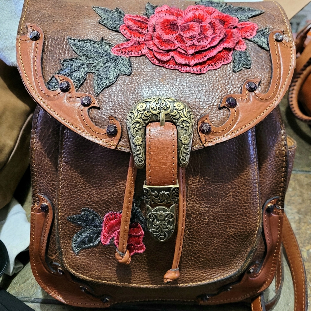 Patricia Nash Leather Rose Floral Embroidered Brown Leather Jovanna Backpack